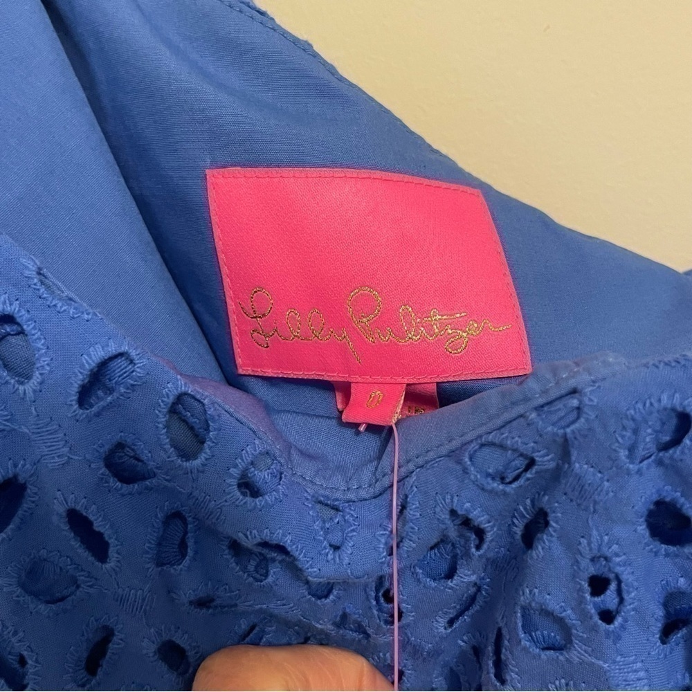 NWT Women’s Lilly Pulitzer blue eyelet one shoulder dress, size: 0 - Picture 4 of 4